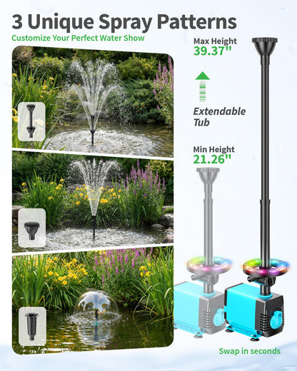 POPOSOAP Pond Fountain Pump Kit with RGB Lights & Remote Control, 660GPH Quiet Submersible Water Pump, Pond Pump with 3 Nozzles for Garden Koi Ponds, Fish Tank,Backyard Water Features Decor-P1104D