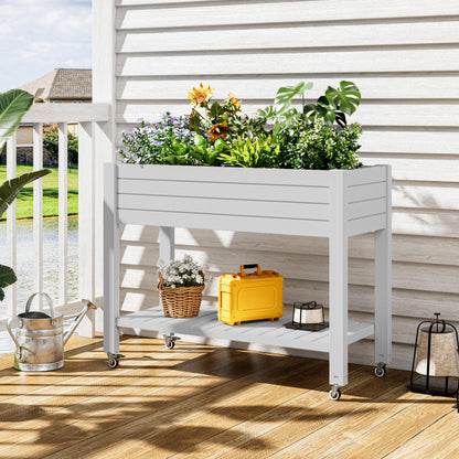 WTFGO Raised Garden Bed with Wheels, Divisible Resin Planter Box with Drainage Gauge & Storage Shelf, Herb Planter for Garden Patio Backyard, Ashen (33.7" h)