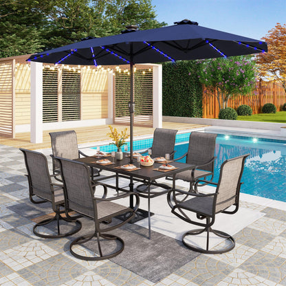 PHI VILLA 13ft Patio Umbrella with Solar-Powered 120 PCS LED Color-Changing Lights, Triple-Head Large Rectangle Umbrella Outdoor Patio for Table with Crank Lift,Navy Blue(No Base)