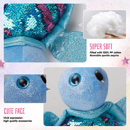 Athoinsu Reversible Sequins Stuffed Animal Sea Turtle Sparkly Soft Plush Toy Ocean Life Tortoise Throw Pillow Birthday Valentine's Day Plushie Gifts for Toddler Kids Boys and Girls, 12'' (Blue)