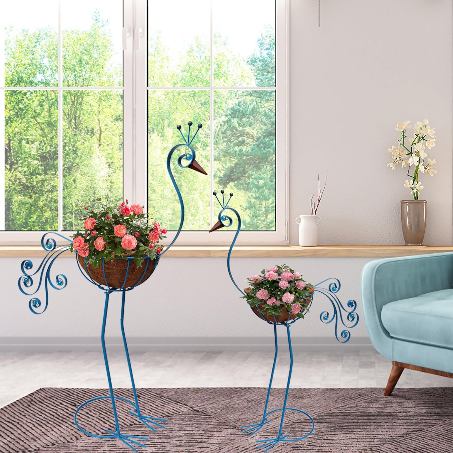 COOZZYHOUR Metal Peacock Planter with Fiber Basket -Garden Bird Planters for Outdoor Indoor Lawn,Yard,Porch,Patio, Garden Decorations（Set of 2）