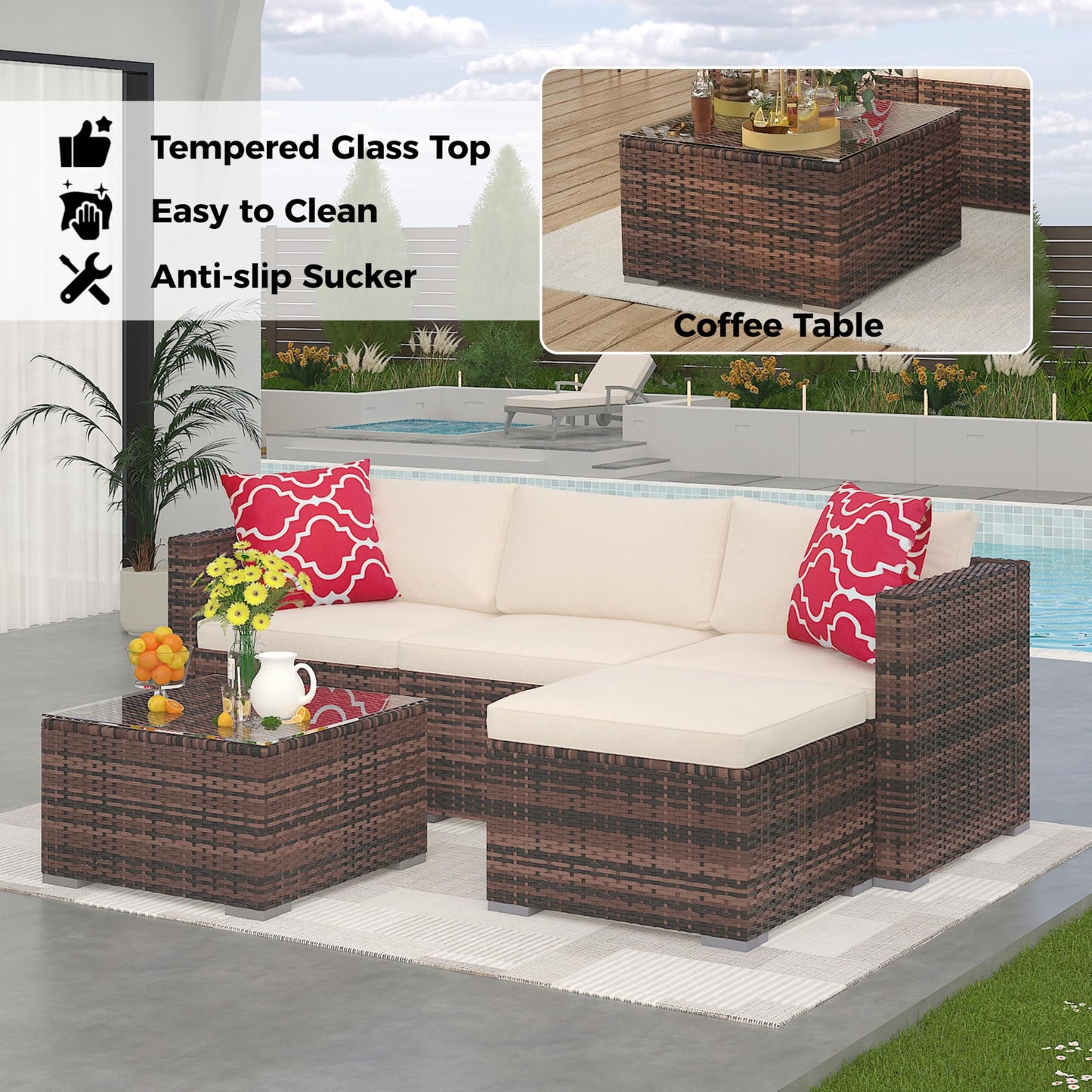 5 Piece Outdoor Patio Furniture Set, Rattan Deck Conversation Sofa Set with Non-Slip Cushions, All-Weather Sectional Sofa with Glass Storage Table and Balcony Footstool, Poolside, Garden, Brown+White