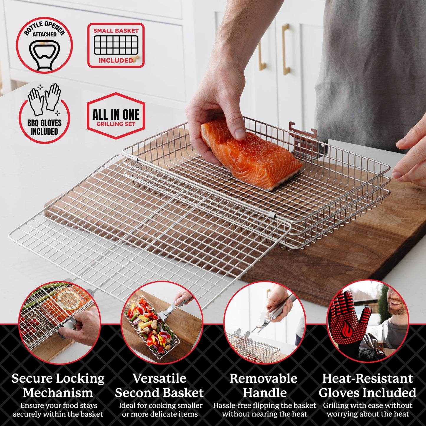 AVIEUS Grill Grill Baskets for Outdoor Grill | 2 Grilling Baskets with Detachable Handle | Barbecue Grill Set with BBQ Gloves | Portable Camping Net Rack Perfect for Vegetables, Seafood & Meat