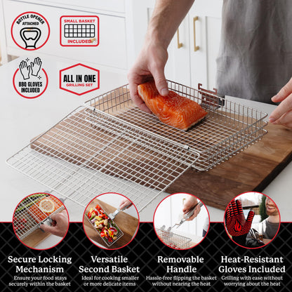 AVIEUS Grill Grill Baskets for Outdoor Grill | 2 Grilling Baskets with Detachable Handle | Barbecue Grill Set with BBQ Gloves | Portable Camping Net Rack Perfect for Vegetables, Seafood & Meat