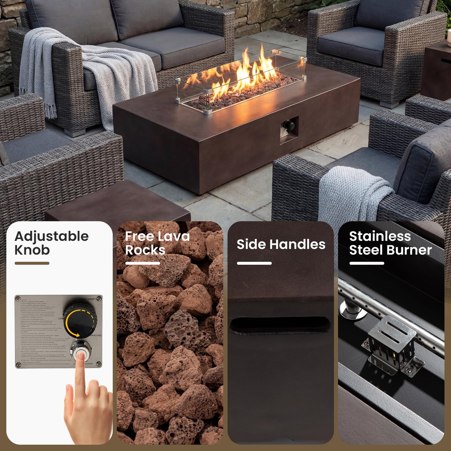 COSIEST 2-Piece Outdoor Propane Fire Table Set, Rectangle Concrete 56" x 28" Bronze Fire Pit (Certified, 50,000 BTU) w 20lb Tank Table, Wind Guard, Waterproof Cover for Garden, Porch, Backyard