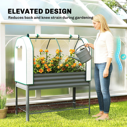 Outsunny Galvanised Raised Garden Bed with Greenhouse Cover, Metal Elevated Garden Bed with Legs, Bed Liner and Bottom Shelf, Outdoor Raised Planter Box for Vegetables, Herbs, Flowers, Dark Gray