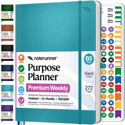 Roterunner Purpose Planner Notebook B5 7.5”x9.8” 12 Month Undated 2026 Daily Weekly and Monthly Productivity Goal Setting Tool for Work Home ADHD Planner for Adults Self Care Journa (Teal)