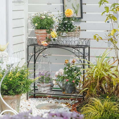 Black Long Double-Layer Plant Shelf, French Courtyard Style Metal Stand for Tall Potted Plants, Sturdy Indoor Outdoor Planter Holder Garden Decor
