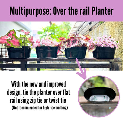 LaLaGreen Outdoor Rail Planter for Balcony (4 Pack, 9.8 Inch) Small and Cute Black Metal Iron Fence Hanging Flower Pots Deck Railings Buckets Boho Style Window Box Plant Holder Hooks Porch Decor