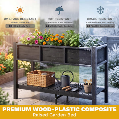 DWVO Raised Planter Box with Legs 48x18x30in Raised Garden Bed HDPE Poly Wood Weather-Resistant Elevated Garden Bed with Storage Shelf, Planter Boxes Outdoor for Patio Balcony Backyard, Black