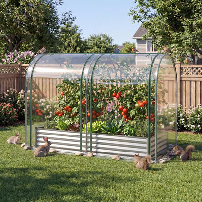 Giantex Galvanized Raised Garden Bed with Greenhouse Cover, 6x3x1 FT Outdoor Metal Oval Tall Planter Box with 2 Roll-up Windows, Clear PVC Mini Greenhouse for Vegetables Flowers Herbs Patio (Silver)