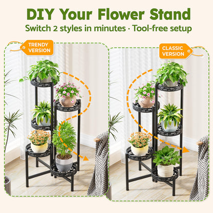 NQW Plant Stand Indoor Outdoor, 5 Tier Corner Metal Flower Display Holder Shelf, Folding Tall Rack for Patio Balcony Porch Garden Living Room House, Heavy Duty Wrought Iron Plant Shelf- BlackWave