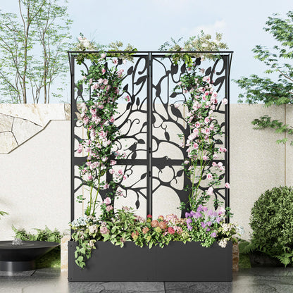 Furtivusia Metal Planter Box with Trellis, Tall Raised Garden Bed for Patio, Outdoor Privacy Planters for Climbing Plants, Vegetables, Fruits, Balcony, Outside, 62.4 x 12.2 x 44.6 Inch, Black
