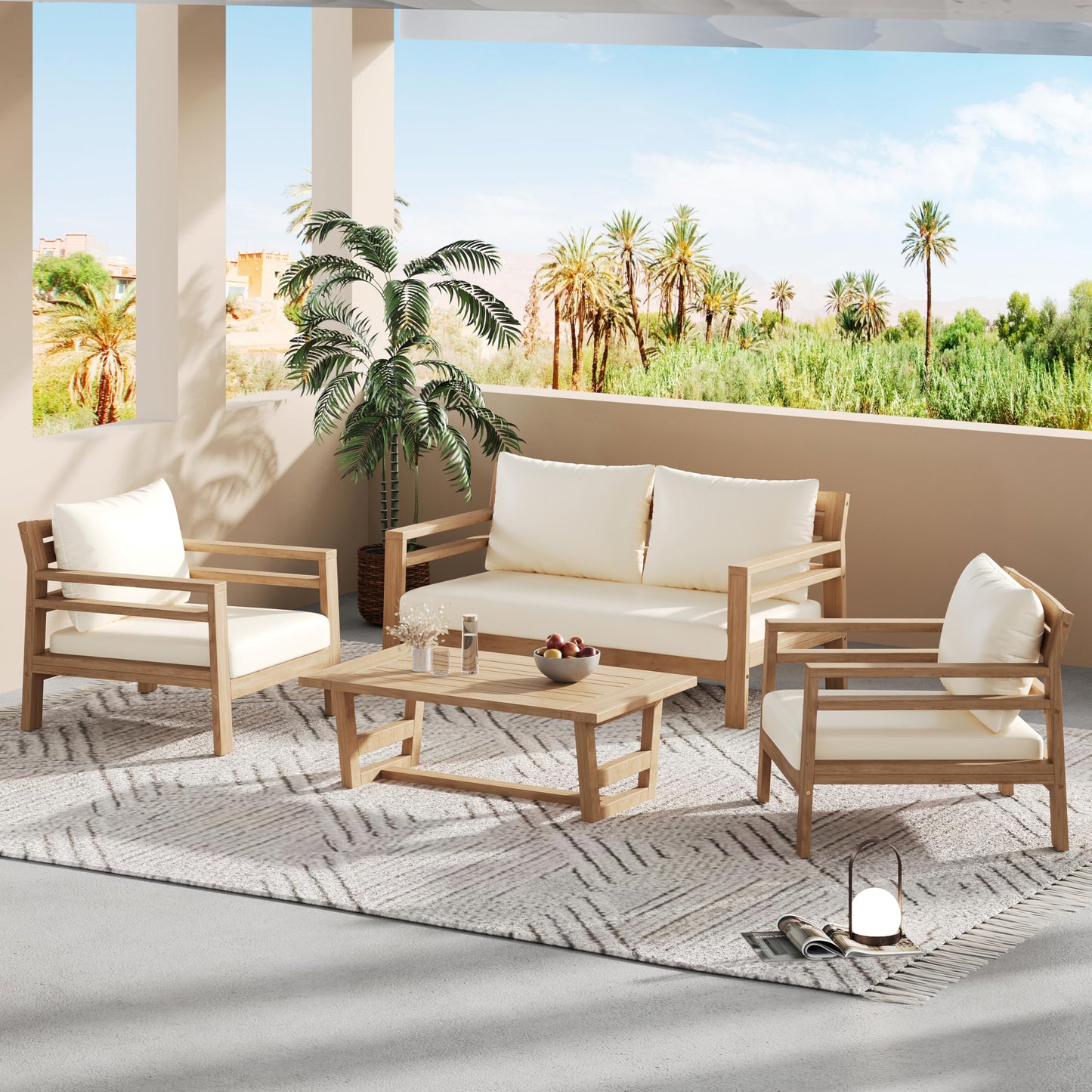 Christopher Knight Home Jamaia 4 Pieces Acacia Furniture Set, Patio Conversation Chat 2-Seat Sofa Set with Coffee Table, Outdoor Loveseat Chair Set for Garden Porch Backyard Balcony, Light Teak+Beige