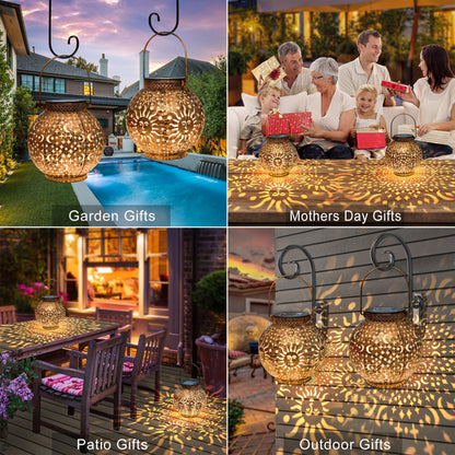 Go2garden Gifts 2Pack Solar Lanterns Outdoor Waterproof Mothers Day Gifts for Mom Moon Star Sun Solar Lights for Balcony, Yard,Birthday Gifts for Women Grandma Wife (Bronze)