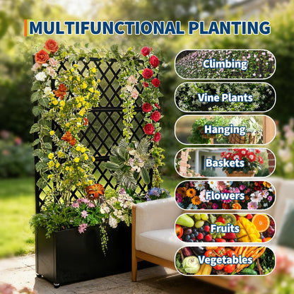 Garvee Galvanized Raised Garden Bed with Trellis, 71"X35.04"X16" Planter Box with Lockable Wheels, Drainage Holes & Privacy Screen for Vegetables, Vines on Patio, Deck, Yard, Black