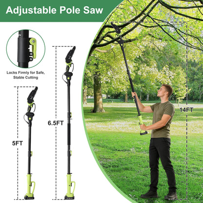 Electric Pole Saw, 6 Inch Battery Powered Tree Trimmer and Handheld Mini Chainsaw with Adjustable Extension Pole for Branch Limb Cutting,Pruning,Yard,Garden, Brushless Pole Saw