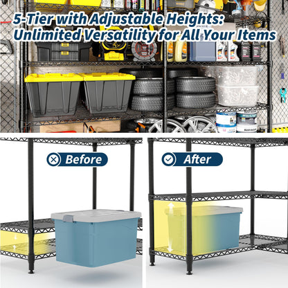 5-Tier Metal Storage Shelves, Adjustable Wire Shelving Unit for Garage, Pantry, Basement & Kitchen, Heavy-Duty Shelf Organizer with Double-Row Design, 70.8" w x 15.8" d x 70.5" h, 265 Lbs Per Tier