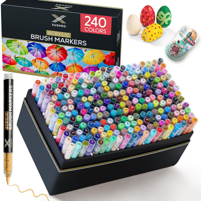 Xushro Acrylic Markers Set - 240 Brush Tip with Waterproof & No-Bleed Lightfast Ink - Acrylic Paint Markers for Rock Painting, Canvas, Wood, Glass, Fabric, & Egg - Arts and Crafts for Adults & Kids
