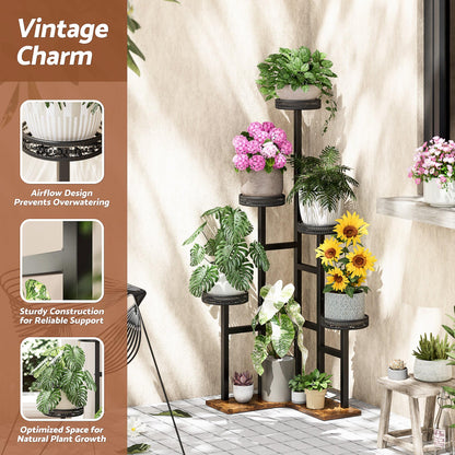 NQW Plant Stand 6 Tier Indoor Outdoor Metal Wood Flower Shelf Corner Flower Holders for Living Room Balcony Garden Patio