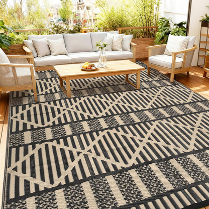IDEALHOUSE 9x18 Ft Outdoor Rug 320GSM PP Woven Double Sided Same Pattern Waterproof Geometric Patio Mat for Backyard Deck Porch Camping Picnic Beach, Black Coffee