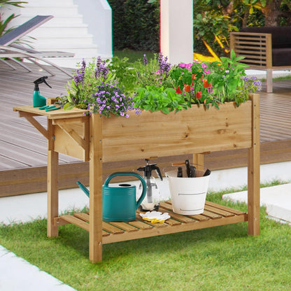 Yaheetech 49x22x32in 8 Pockets Horticulture Raised Garden Bed Elevated Wood Planter Box Stand with Foldable Side Table and Storage Shelf for Herb/Vegetables/Flowers, Light Brown