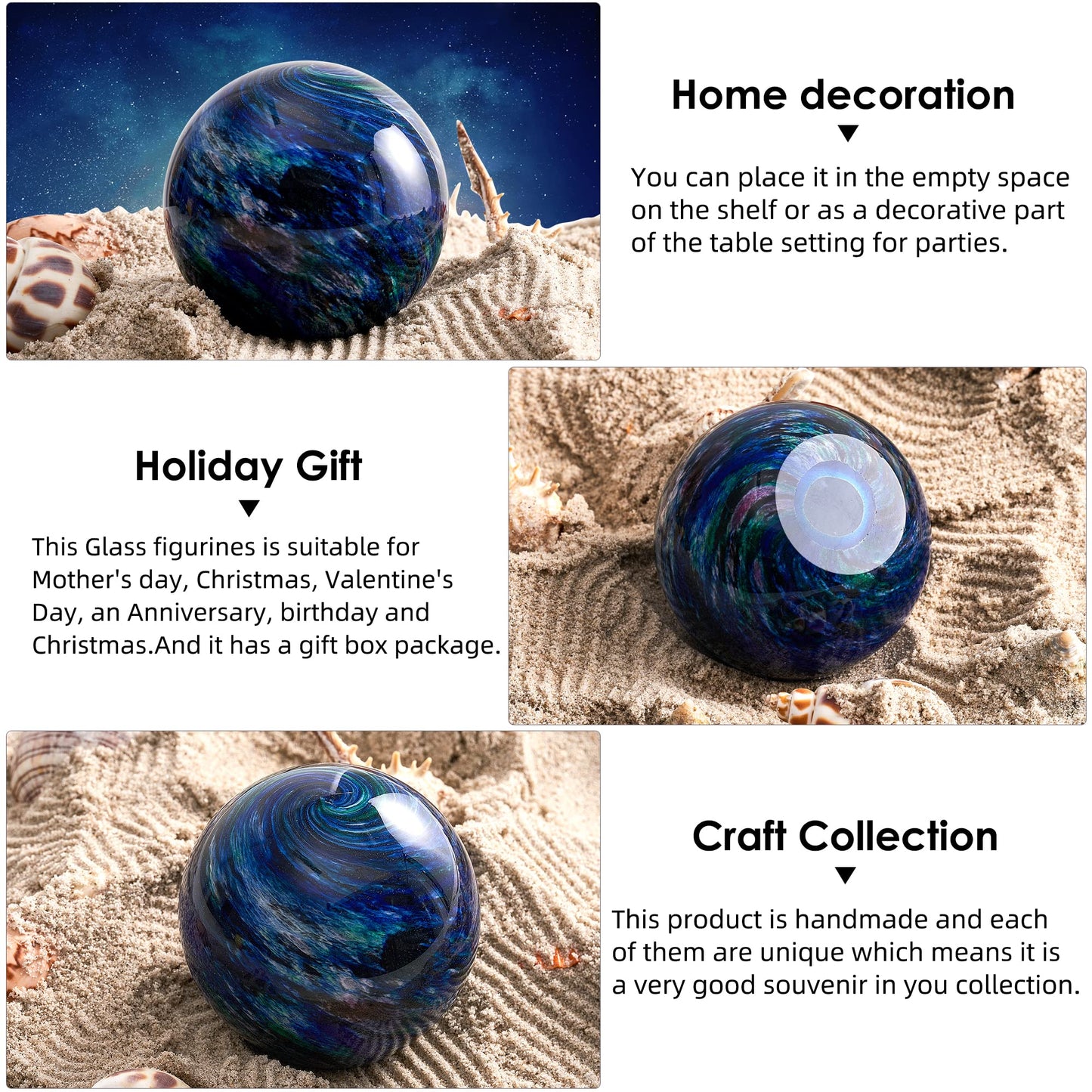 Hand Blown Glass Figurines Ball Ocean Waves,Office Paperweight Glass for Desk,Home Decor Collectible,Aquarium Decor,Office Decor Ocean Lovers (Planet)