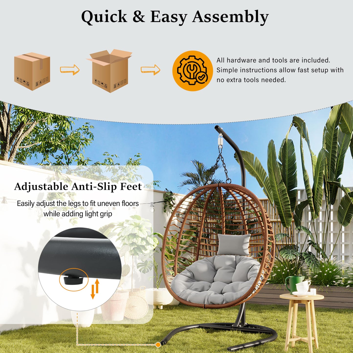 GDFStudio Hammock Chair with Stand, Rattan Wicker Hanging Egg Chair with Cushion & Headrest, Iron Frame Folding Patio Hammock Swing Chair for Indoor Outdoor Balcony Porch Garden, 330 lbs, Brown+Gray