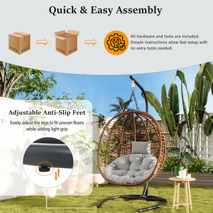 GDFStudio Hammock Chair with Stand, Rattan Wicker Hanging Egg Chair with Cushion & Headrest, Iron Frame Folding Patio Hammock Swing Chair for Indoor Outdoor Balcony Porch Garden, 330 lbs, Brown+Gray