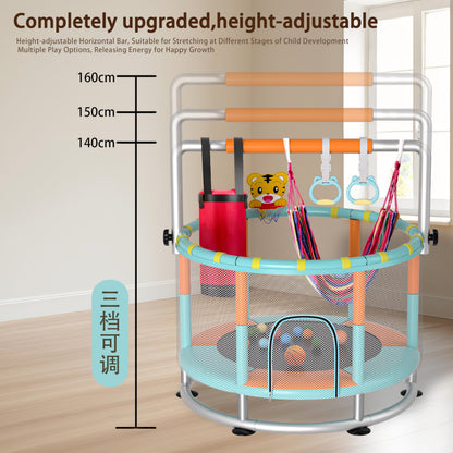 KINETRA 55" Kids Indoor Trampoline with Safety Net, Adjustable Gymnastics Bar & Toys – Indoor/Outdoor Toddler Play Gym for Boys & Girls Ages 3+, Birthday Gifts (Emerald Bounce)