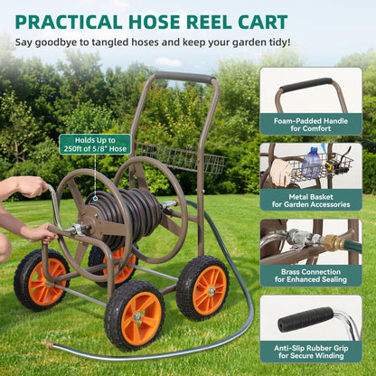 2026 Upgraded Hose Reel Cart with 10" NO-FLAT TIRES, 250FT 5/8" Heavy-Duty Steel Frame, Easy-Rolling All-Terrain Mobility for Tangle-Free Garden Hose Storage, Lawn Yard