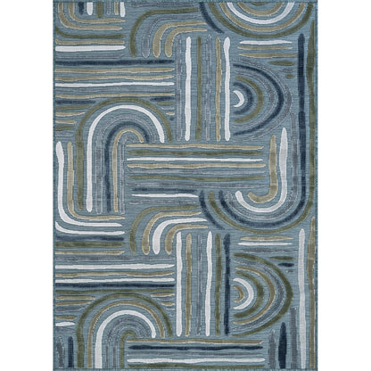 CAMILSON Indoor Outdoor Rug, Aqua 8x10 Geometric Arch Striped Area Rugs for Patio and Home Areas, Easy-Cleaning Non-Shedding Living Room, Garden and Deck Washable Outside Carpet (8 x 10)