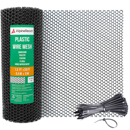 AlpineReach Plastic Wire Mesh 1.3ft x 30ft Fence Roll with Zip Ties - Ideal for Poultry, Dogs, Rabbit Barrier & Gardening, Durable Chicken Mesh, Versatile Rigid Fencing & Netting, Black (15.7" x 360")