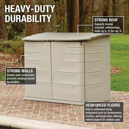 Rubbermaid Large Horizontal Resin Outdoor Storage Shed With Floor (5 x 4 Ft) Weather Resistant, Beige/Brown, Organization for Home/Backyard/Pool Chemicals/Toys/Garden Tools/Porch/Patio Cushions