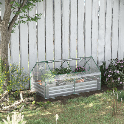 Outsunny 6 x 3 x 1ft Metal Planter Box with Mini Greenhouse, Galvanized Raised Garden Bed with Cover for Herbs and Vegetables, Small Greenhouse for Patio Garden Balcony, Clear and Silver