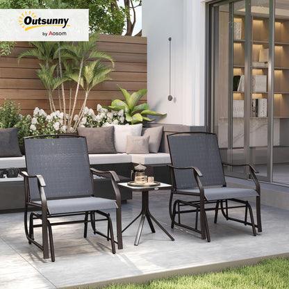 Outsunny 3 Piece Outdoor Glider Chair with Coffee Table Bistro Set, 2 Patio Rocking Swing Chairs with Breathable Sling Fabric, Glass Tabletop, for Backyard, Garden and Porch, Gray
