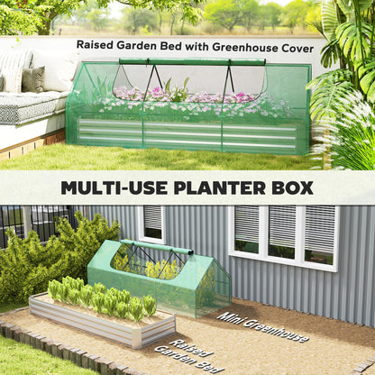 Outsunny 8.6 x 3 x 1ft Metal Planter Box with Mini Greenhouse, Galvanized Raised Garden Bed with Cover for Herbs and Vegetables, Small Greenhouse for Patio Garden Balcony, Green and Silver