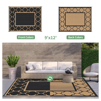 GENIMO Outdoor Rug 9' x 12' Patio Waterproof, Foldable Reversible Plastic Straw Area Rugs Mat for Camper Decor, Outside Carpet for Rv, Deck, Porch, Picnic, Beach, Balcony, Black & Brown