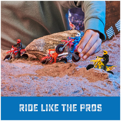 Supercross, Authentic 5-Pack of 1:24 Scale Die-Cast Motorcycles with Rider Figure, Toy Moto Bike for Kids and Collectors Ages 3 and up