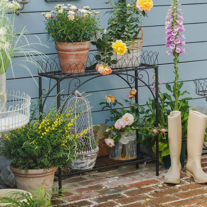 Black Long Double-Layer Plant Shelf, French Courtyard Style Metal Stand for Tall Potted Plants, Sturdy Indoor Outdoor Planter Holder Garden Decor