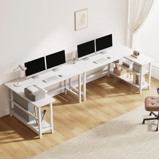 IOTXY Reversible L-Shaped Office Desk - 53" Modern Corner Computer Table with Storage Shelves, Solid Wood Legs, Home Writing & Study Workstation, White
