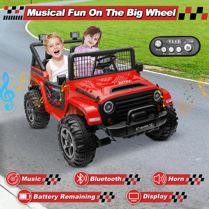 ANRLI 24V XL Ride on Car with Remote Control, 2 Seater 4WD/2WD Switchable Electric Car for Kids w/20 Inch Wide Seat, Gift Flower, 4X200W Power Car Wheels 24 Volt Big Trucks for Boys Girls, Red