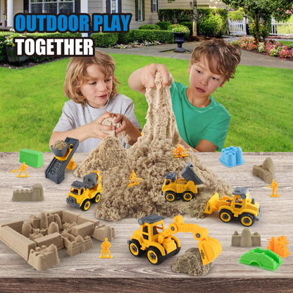 YIDESTARS Construction Sandbox with Lid - 4 Vehicles with 1 Conveyor, 8 Castle Molds, 6 Figures & 3lbs Moldable Sand - Preschool Sensory Bin for Fine Motor Skills, Ages 3-6