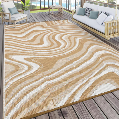 Garvee 10x14 Modern Large Outdoor Rug, Waterproof Rug for Camping, Reversible Plastic Straw Rugs UV Resistant Abstract Carpet for Picnic Backyard Deck Balcony Porch Beach Trailer, Light Brown