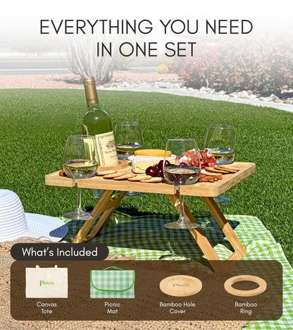 Outdoor Wine Picnic Table, Wooden Folding Picnic Table with Glass Holder, Bamboo Wine Glass Snack Tray for Indoor & Outdoor Use, Includes Picnic Mat & Tote Bag