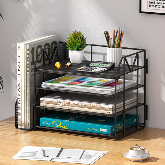 handimp Metal Desk Organizers and Accessories with File Holder – Aesthetic Black Desk Accessories for Women Office Setup – Decorative Desk Set with Magazine Rack – Office Decor for Teen Girls