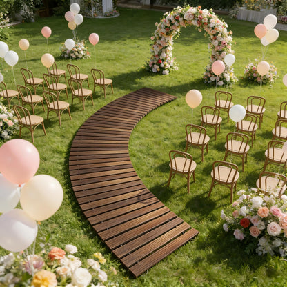 6FT Curved Wooden Garden Pathway Walkway Outdoor Roll Out Decorative Garden Non-Slip Patio Path Decorative Boardwalk Outdoor Road Floor for Backyard Beach Wedding Party