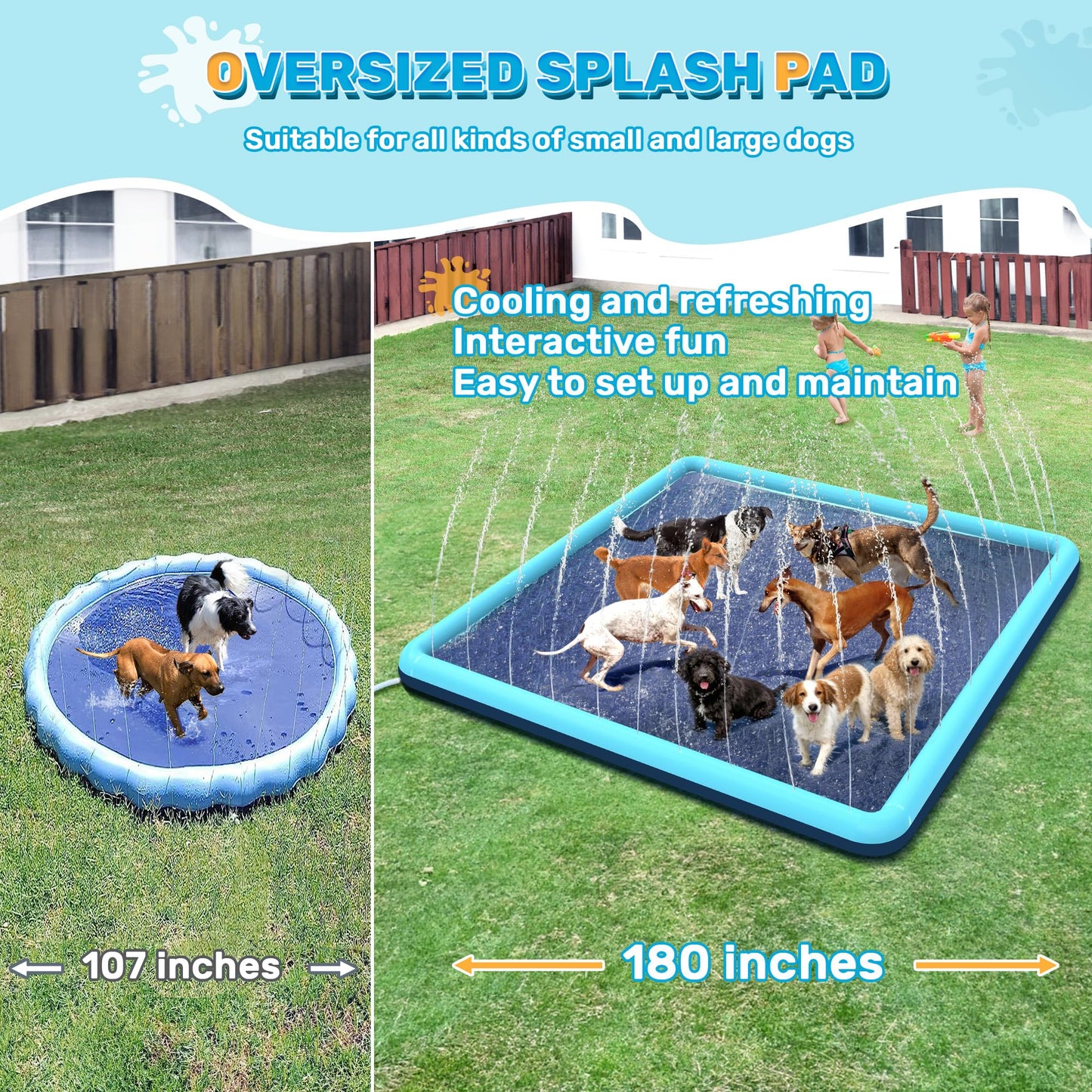 Bilibara 15 FT Jumbo Splash Pad for Dogs, Non-Slip Splash Pads for Toddlers 3+, Heavy Duty Thickened Sprinkler Pool Summer Outdoor Water Toys for Backyard, Teal