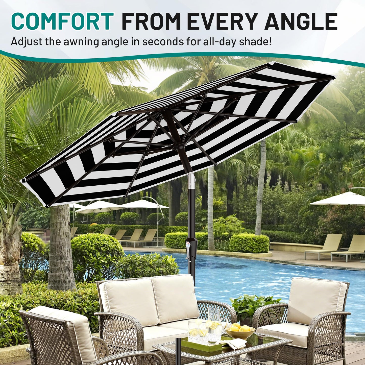 AreShark 9 FT Patio Umbrella for Outdoor, Outdoor Table Umbrella with Push Button Tilt and Crank, Outdoor Patio Umbrellas with 8 Sturdy Ribs for Market, Garden, Pool (Black & White Stripe)