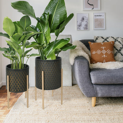 Oakrain Mid Century Planters for Indoor Plants, Set of 2, Modern Decorative Metal Pots for Living Room, Office, Garden or Balcony, Black&Golden Honeycomb, 10" &12"